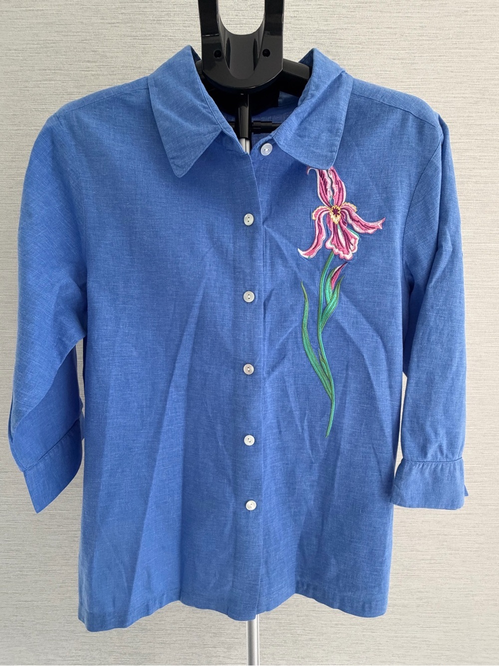 Bob Mackie Blue Button-Down Shirt with Pink Floral Embroidery